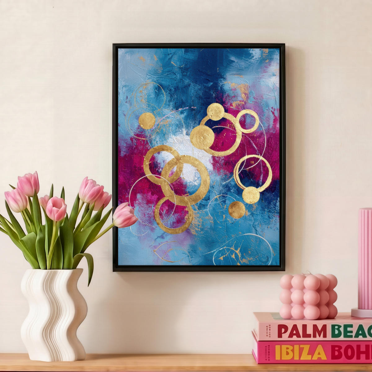 LEINWAND Bilder mit Rahmen - Kreise - Gold - Abstrakt - 30x40 - Blau, Textil (30/40cm) - MuchoWow