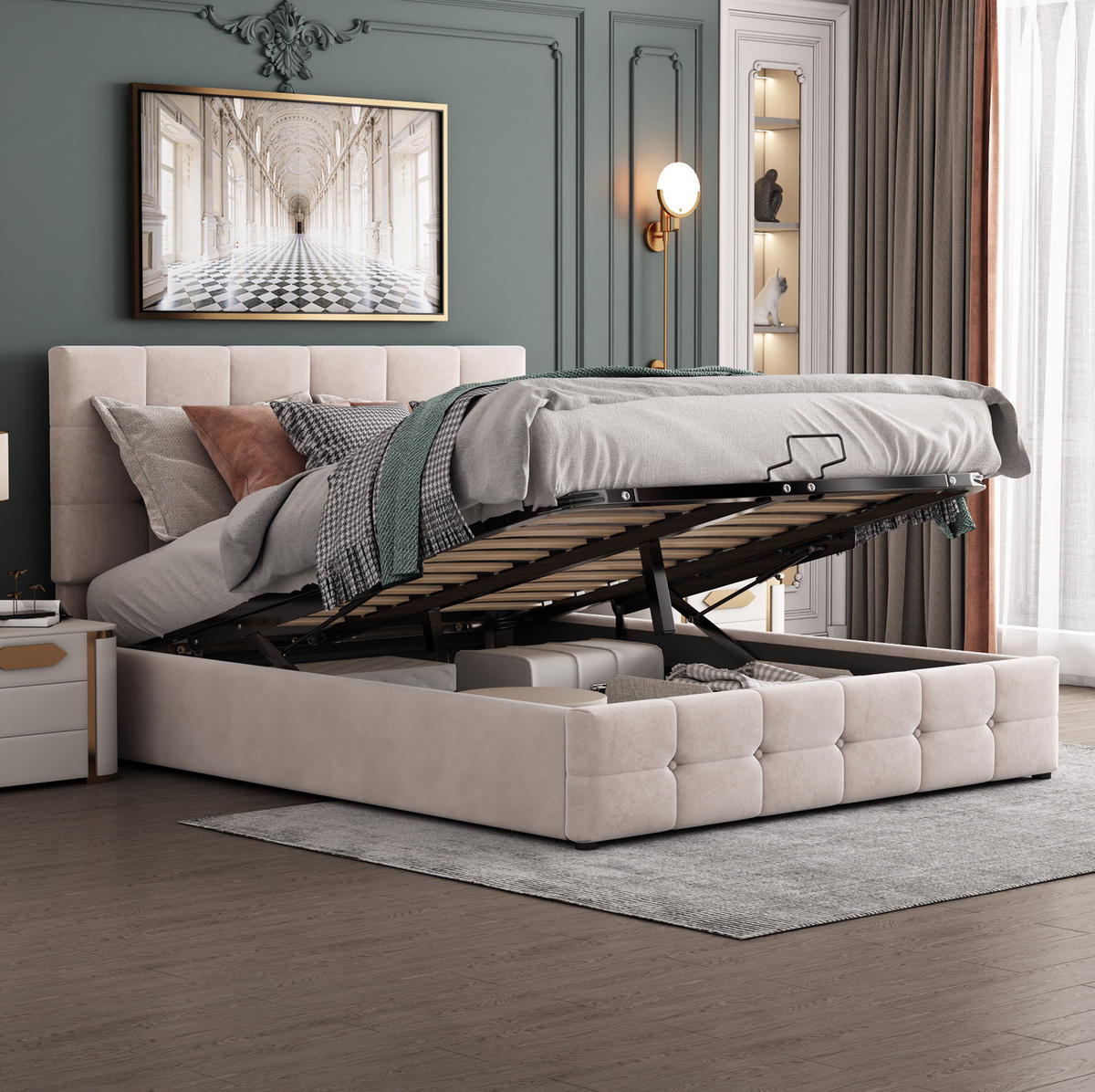 SAMT-POLSTERBETT 140/200 cm mit Bettkasten und höhenverstellbarem Kopfteil - Weiß, Textil (140/200cm) - BEAOK