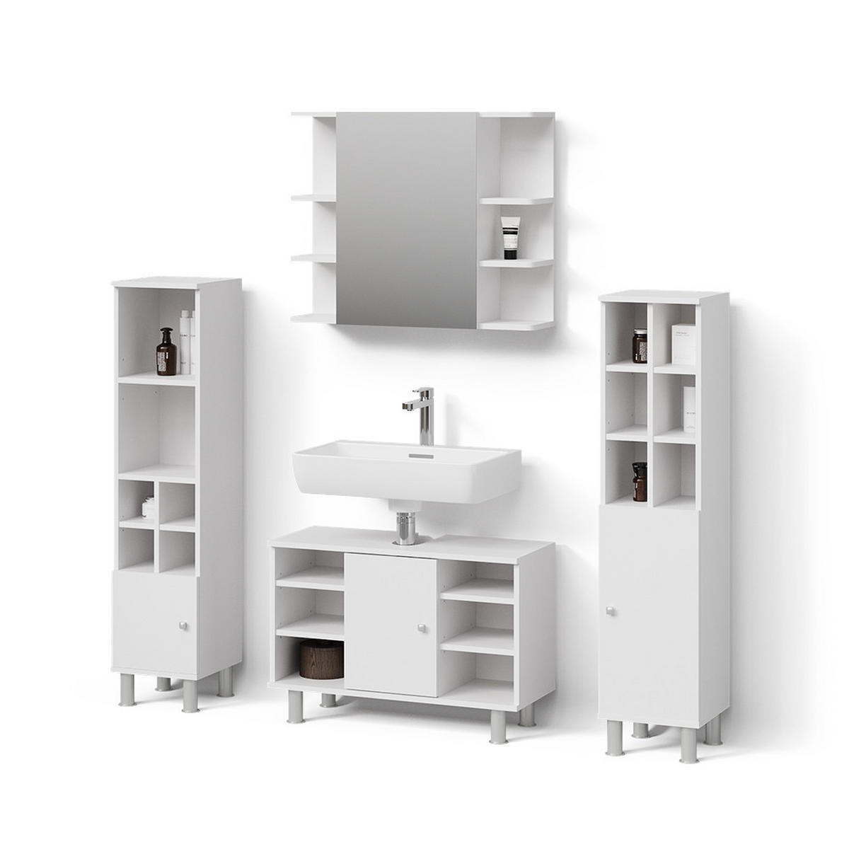 BADMÖBEL-SET Fucino Weiß 4 Teile, mit Midischränke - Weiß, Holzwerkstoff (80/130/32cm) - Livinity®