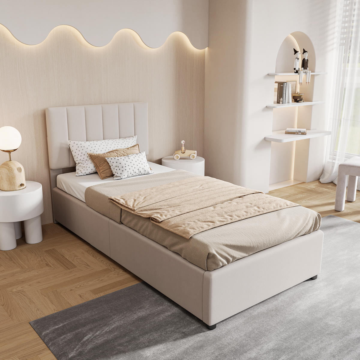 STAURAUMBETT 90x200 cm, jugendbett, mit hydraulischem Liftmechanismus und großem Bettkasten, Leinenstoff, beige - Beige, Holz/Textil (90/200cm) - BRILVERDE