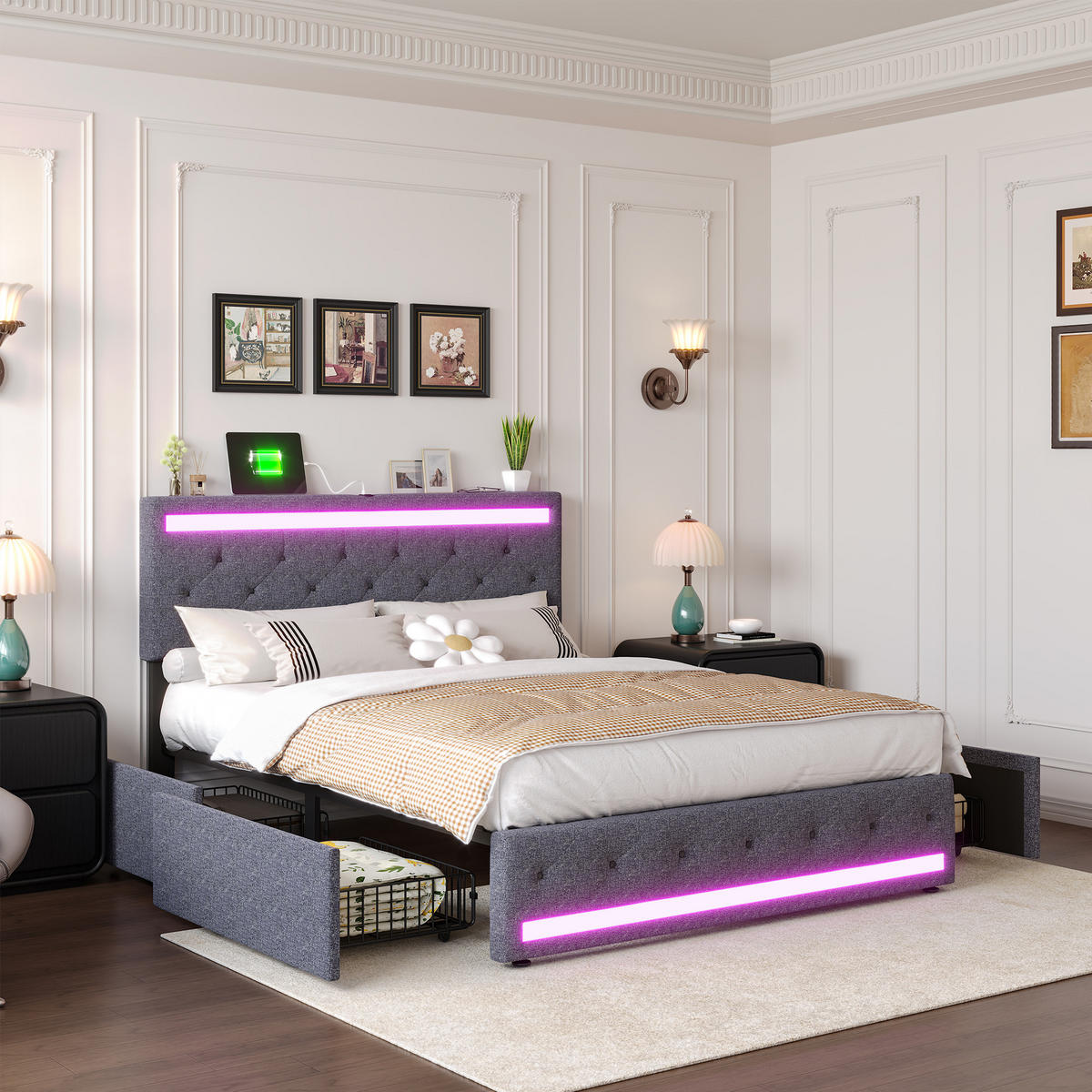 POLSTERBETT,STAURAUMBETT 140x200 cm mit LED, Leinen Dunkelgrau - Grau, Holz/Textil (140/200cm) - PARAFTA HOME