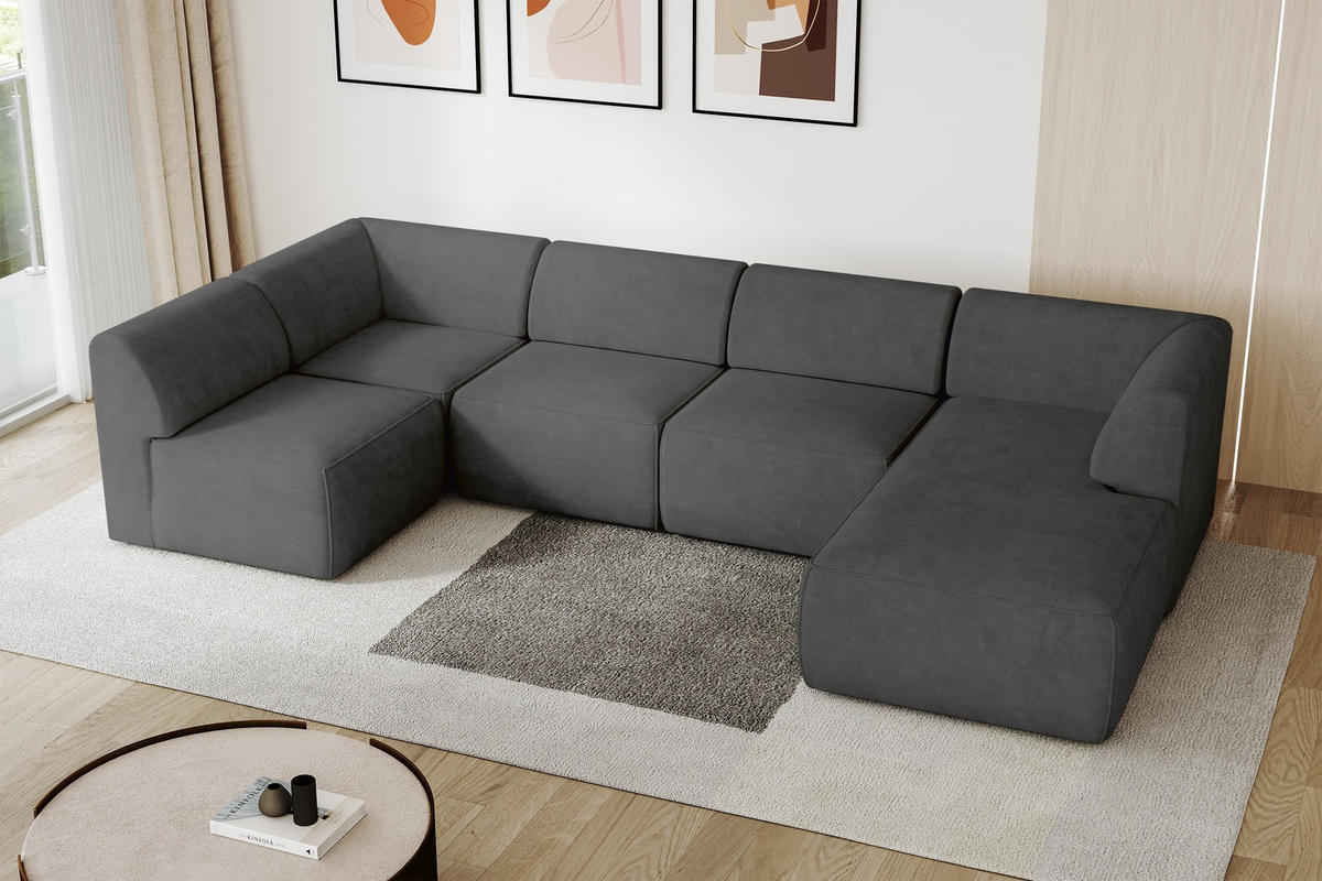 WOHNLANDSCHAFT Ottomane Rechts MOVO-L 345x180x78 cm Dunkelgrau Velours - Dunkelgrau/Anthrazit, Holzwerkstoff/Kunststoff (345/78/180cm) - ALTDECOR