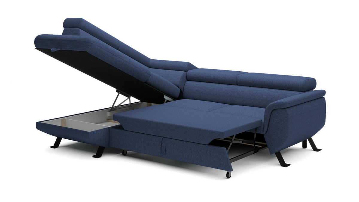 ECKSOFA RAVEN L mit Schlaffunktion und Bettkasten, Freistehend, Polstersofa mit Verstellbaren Kopfstützen, 257x198x96 cm, Linke, Blau - Blau, Holz/Textil (198/256cm) - DomoHome