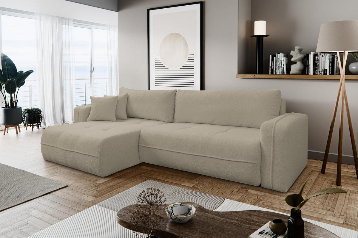 ECKSOFA CLOUD mit Schlaffunktion und Bettkasten Boucle Cloud (Cappuccino) - Cappuccino, Textil (276/145cm) - VENASI MÖBEL