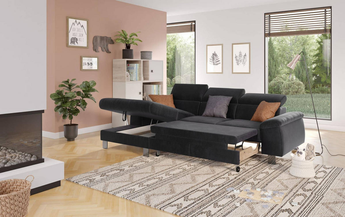 ECKSCHLAFSOFA mit Bettkasten – Cord-Stoff - Chromfarben/Anthrazit, Holz/Textil (244/166cm) - Cotta