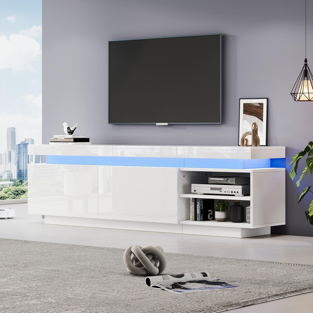 TV-SCHRANK Lowboard Modern Hochglanzweiß LED-Beleuchtung Stauraum bis 70 Zoll - Weiß, Holz (43.94/18.8/62.99cm) - FLIEKS