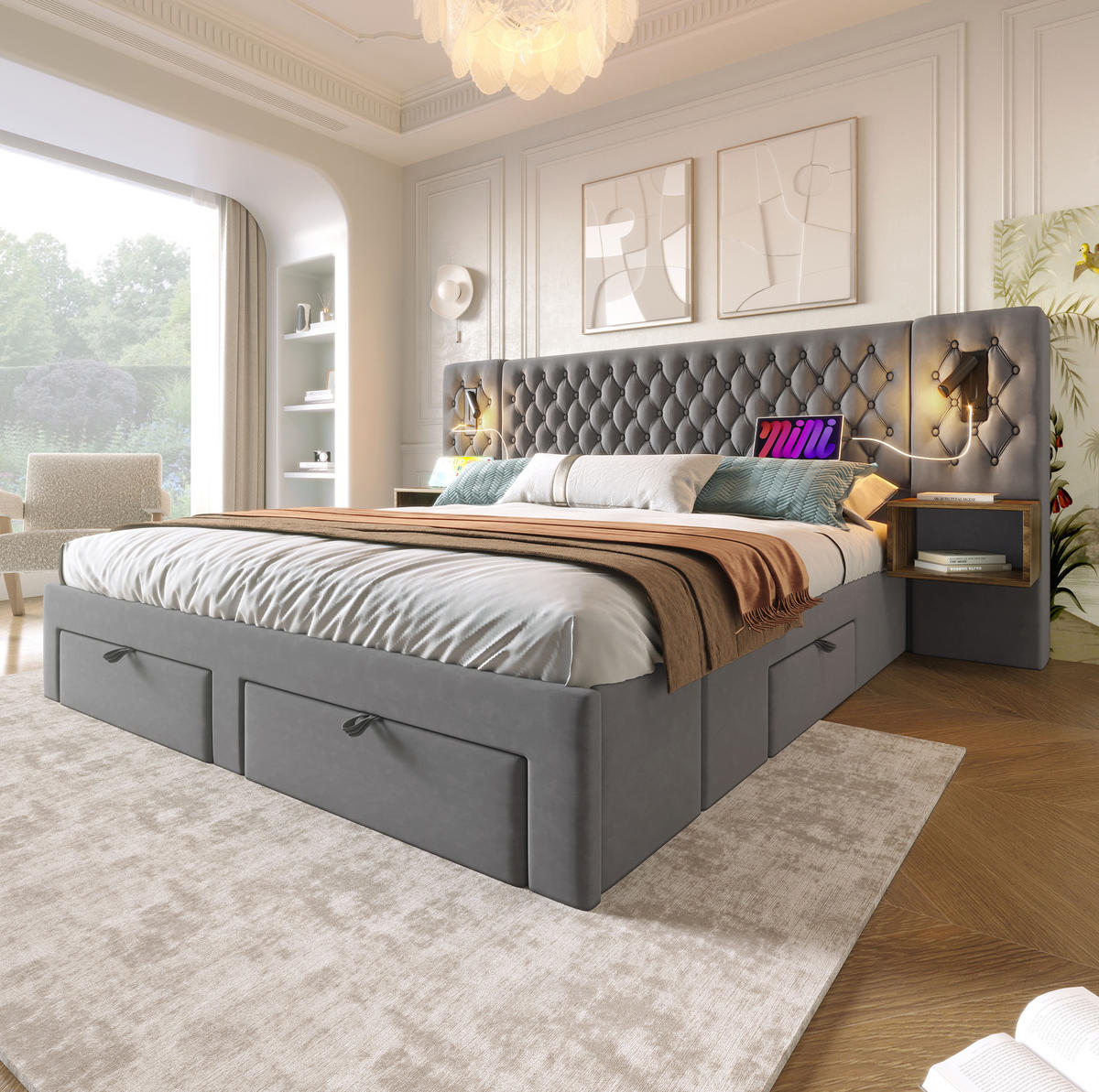 POLSTERBETT aus Samt 180x200 cm in Grau mit Leselicht & USB/Type-C - Grau, Textil (180/200cm) - Modfu