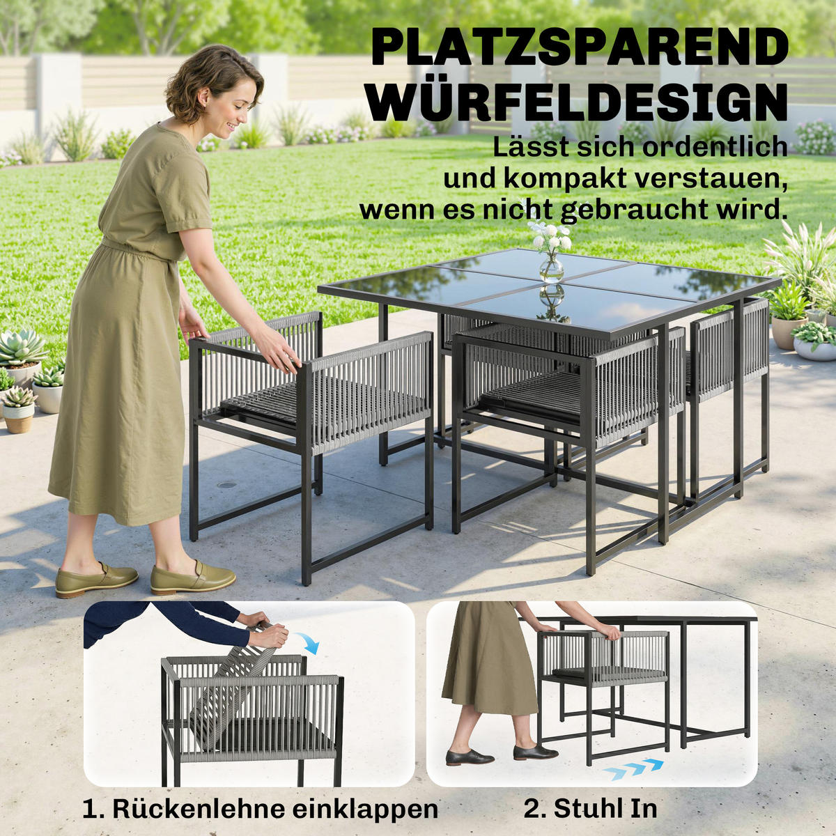 OUTDOOR-ESSGRUPPE 5er Set Stahl Netzstoff Hellgrau - Hellgrau/Schwarz, Textil/Metall - Outsunny
