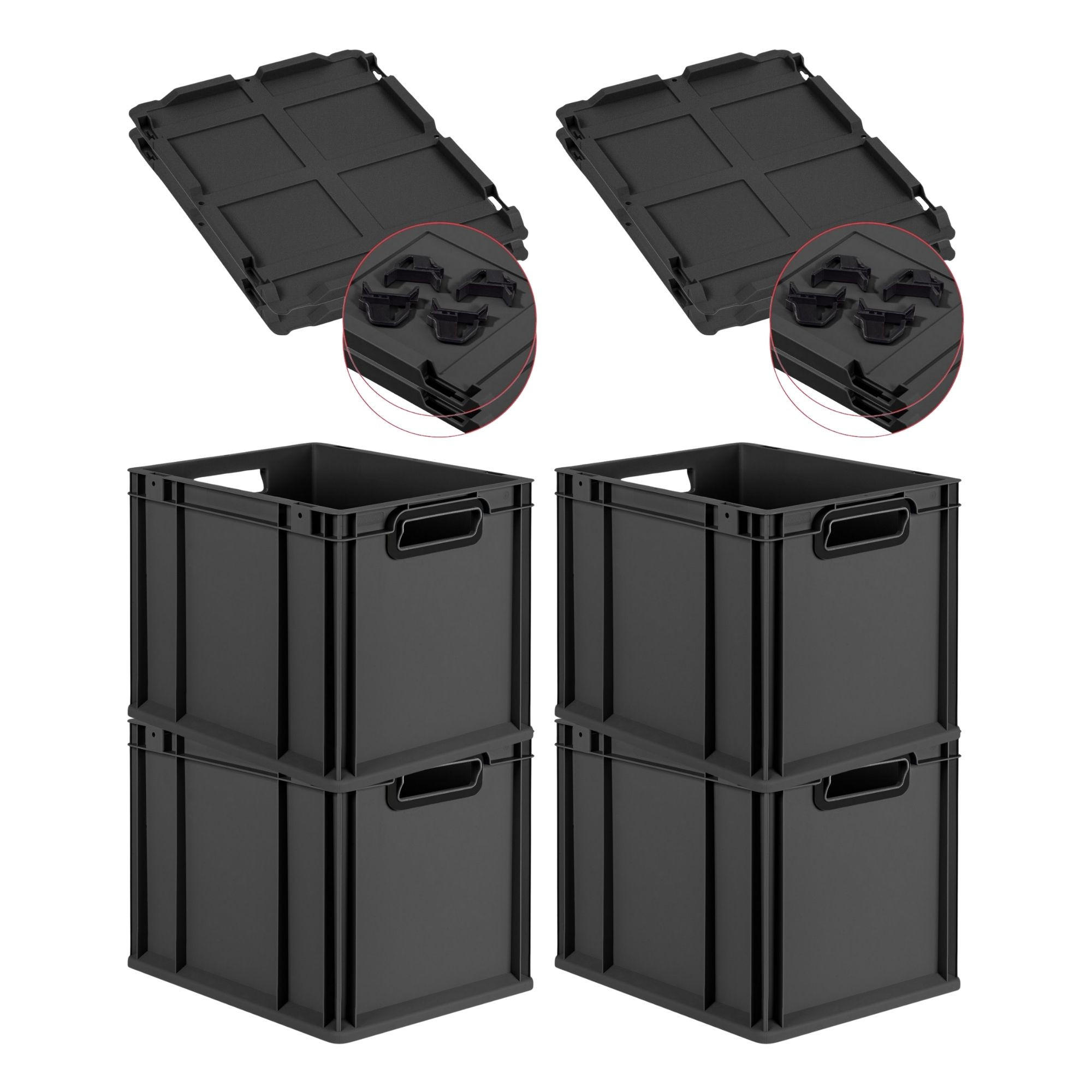 EUROBOX 4x NextGen Color mit Auflagedeckel 32x30x40 cm 30 Liter Schwarz Griffe schwarz offen - Anthrazit/Schwarz, Kunststoff (30/32/40cm) - PROREGAL