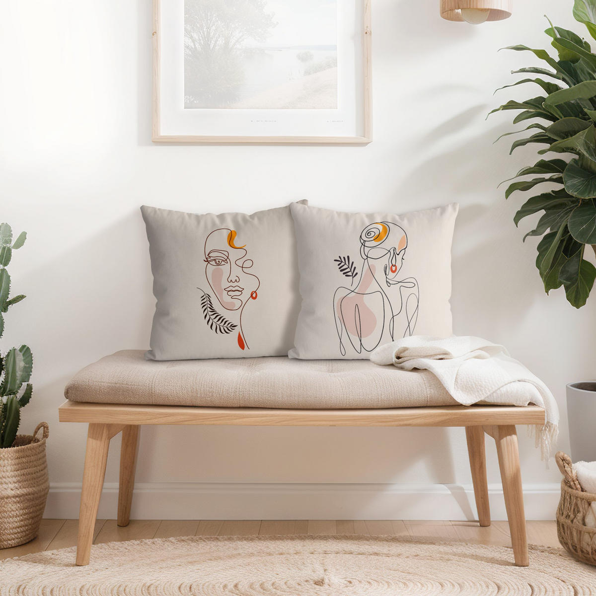 DEKOKISSEN 2er-Set Lineart Silhouetten 40/40 cm - Eichefarben, Textil (40/40cm) - Bilderwelten