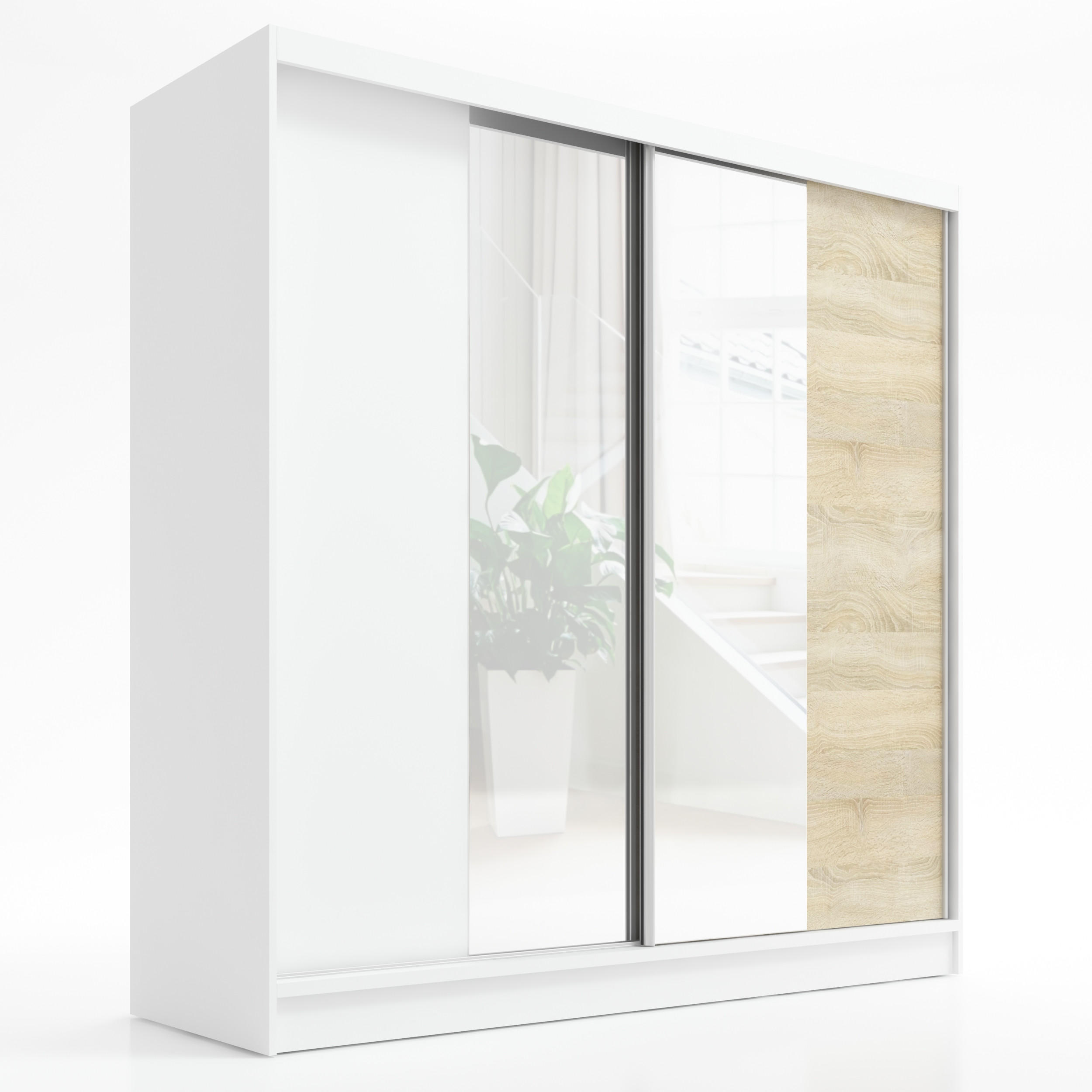 A&J MöbelLand Schwebetürenschrank Weiß, Weiß, Braun 200x215x60 cm