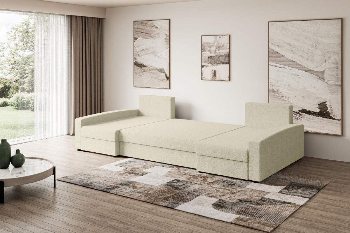 WOHNLANDSCHAFT mit Schlaffunktion und Bettkasten ALESIA-U 301x140x90 cm Beige Bouclé - Beige/Silberfarben, Holzwerkstoff/Kunststoff (301/90/140cm) - ALTDECOR