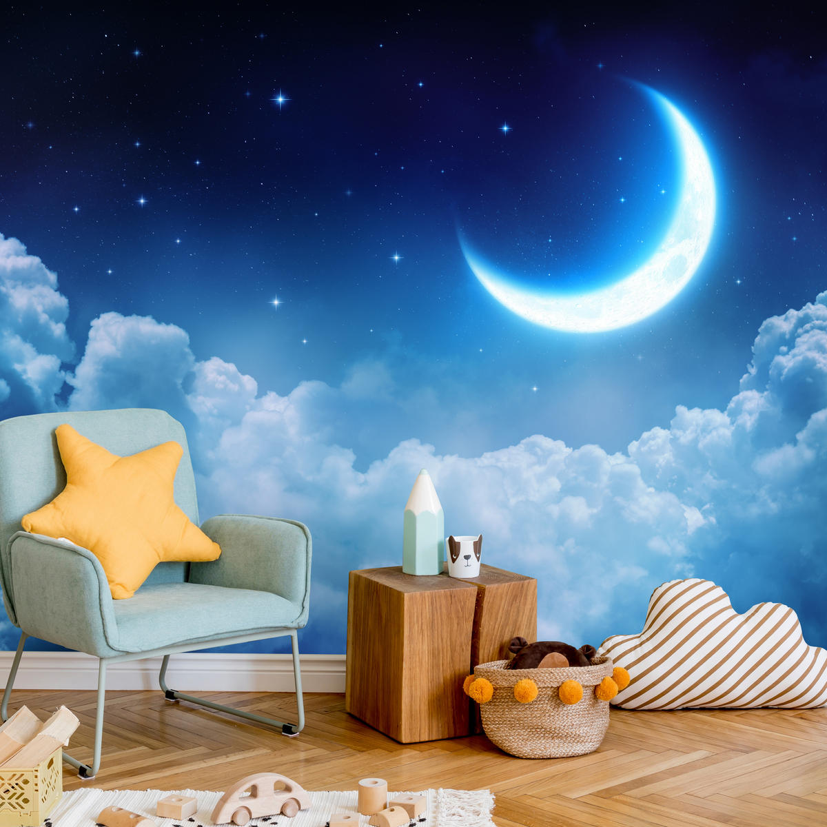 FOTOTAPETE für Schlafzimmer Himmel Wolken Mond Sterne 300x210 - Blau/Dunkelblau, Papier (300/210cm) - Muralo