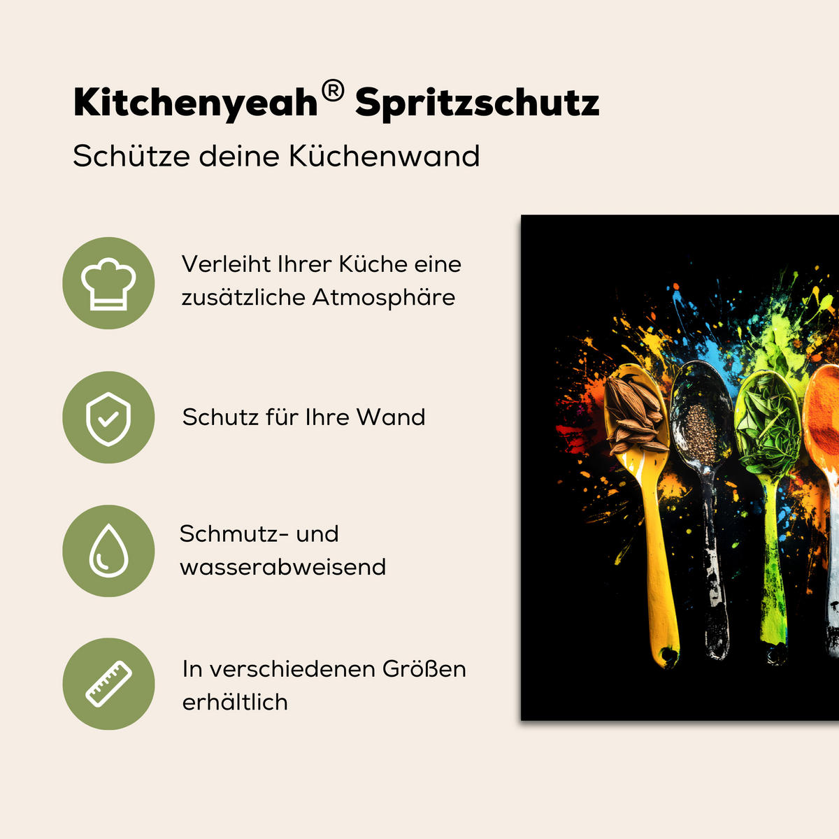 SPRITZSCHUTZ KÜCHE Löffel - Gewürze - Modern - Graffiti - Farbe - Farbenfroh 80x55 cm - Multicolor, Metall (80/0.3/55cm) - MuchoWow