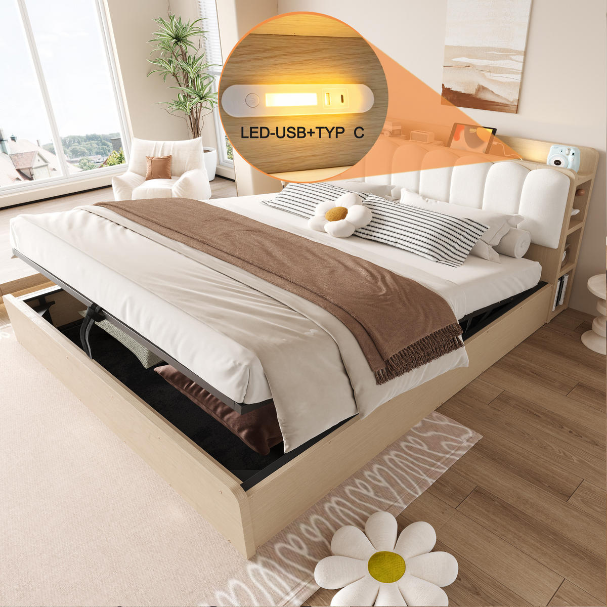 BETT 180/200 cm in Naturfarben & Beige mit Bettkasten, USB, Nachtlicht und Ablage Samt - Weiß/Naturfarben, Holzwerkstoff/Textil (180/200cm) - STILVORA
