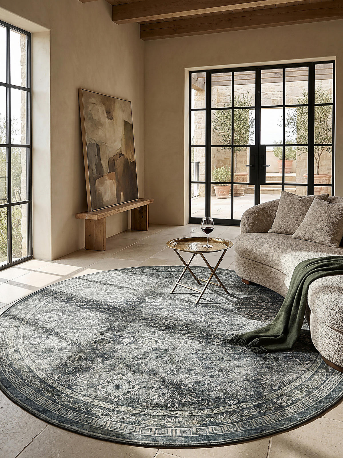 TEPPICH Kurzflor, waschbar, mit floralen Ornamenten, VERNANTE in Grün-Grau, Ø 120 cm - Grün, Textil (120/120cm) - KADIMA DESIGN