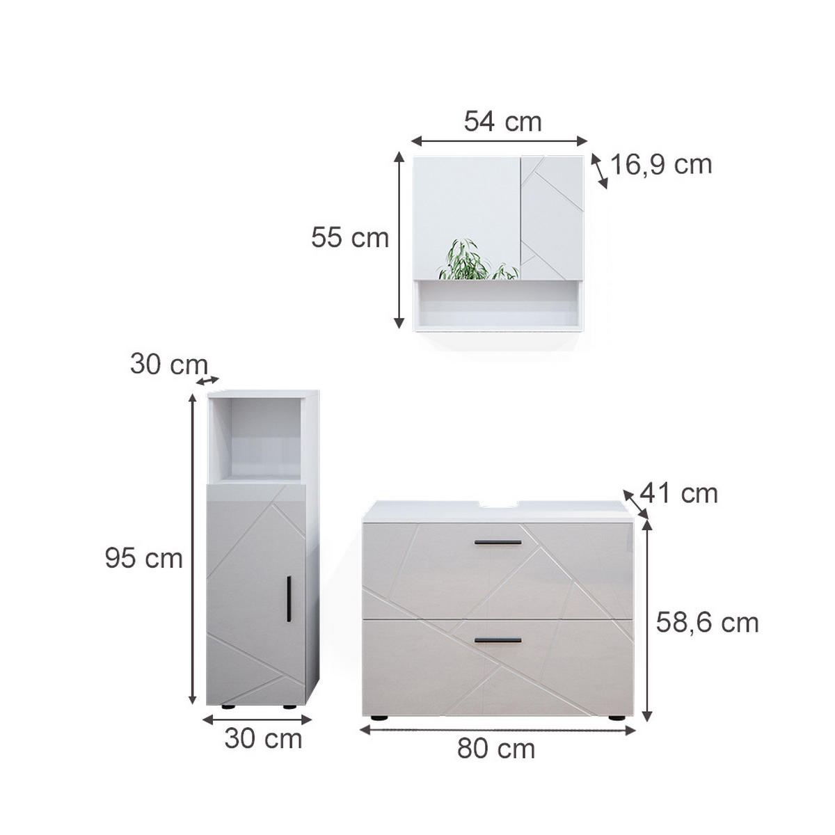 BADMÖBEL-SET Irma Weiß Hochglanz 3 Teile, mit Midischrank - Weiß Hochglanz/Weiß, Holzwerkstoff (80/58.6/41cm) - Vicco