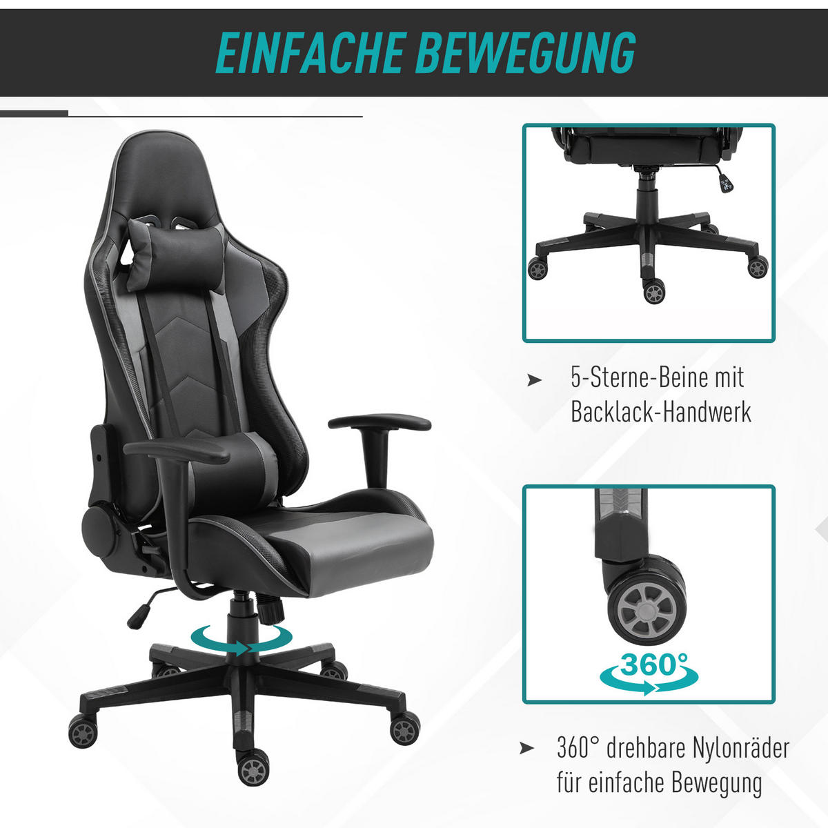 ERGONOMISCHER Bürostuhl, Schwarz - Schwarz, Kunststoff (74/136/67.5cm) - Vinsetto