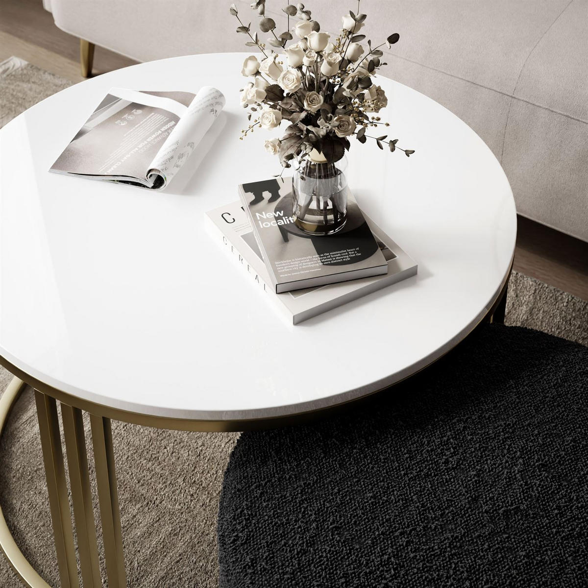 COUCHTISCH mit Hocker LORI Hochglanz gebürstetes Gold/weißer Glanz/Coral 60 - Weiß, Metall (70/70/49cm) - Lookway