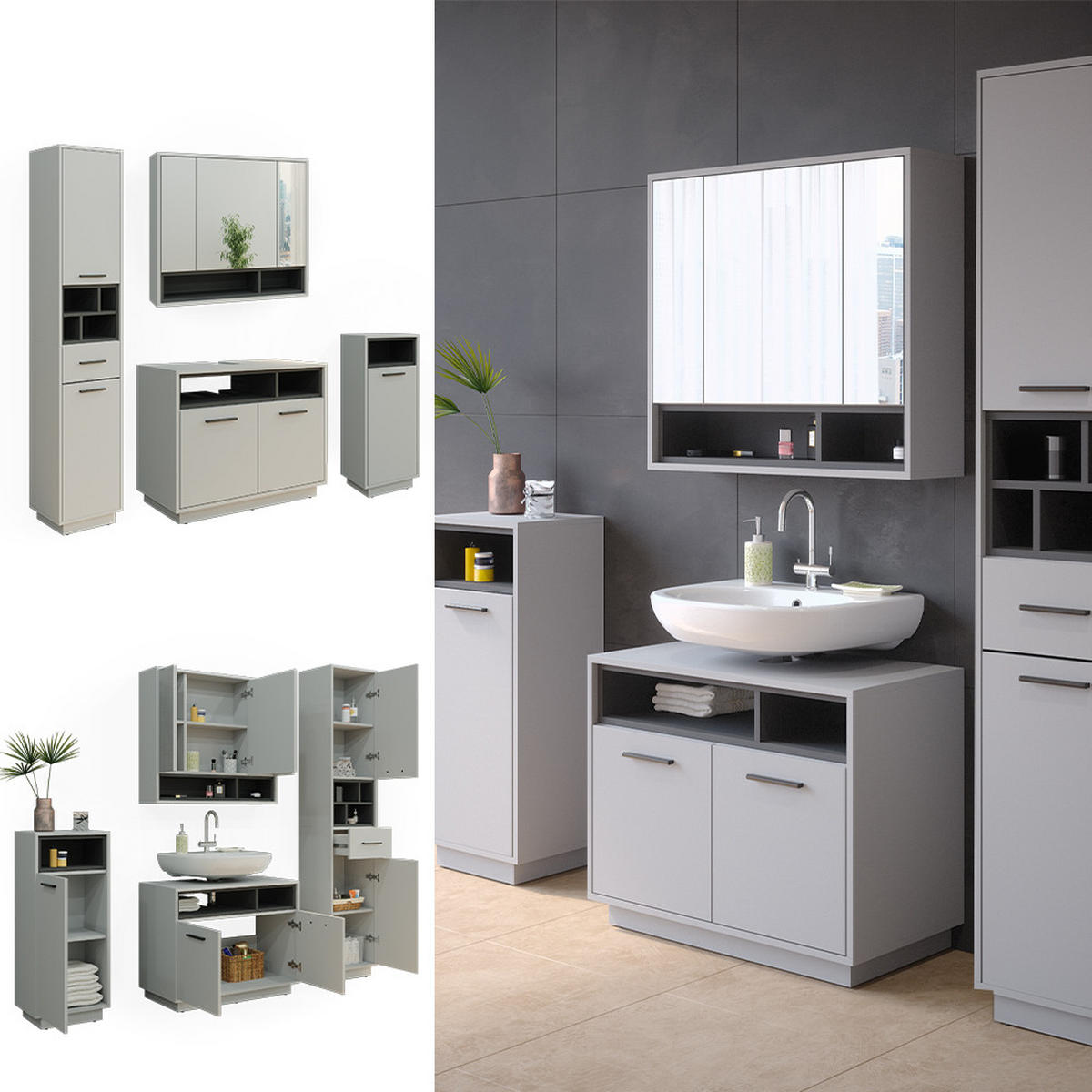 BADMÖBEL-SET Beatrice Grau 4 Teile - Anthrazit/Grau, Holzwerkstoff (80/64/40cm) - Vicco