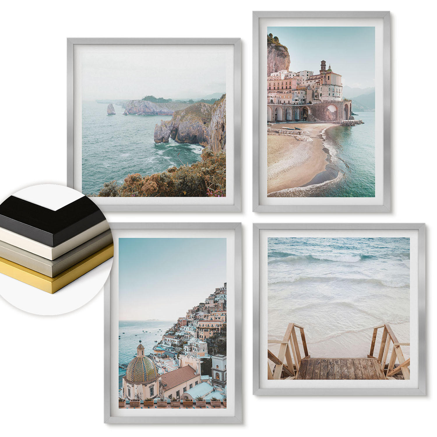 WANDBILDER 4er Set - 50x50 cm & 40x60 cm Silberner Rahmen - Sommerliche Strandansichten in Pastellfarben - Silberfarben, Kunststoff (50/50cm) - ArtPrintCave