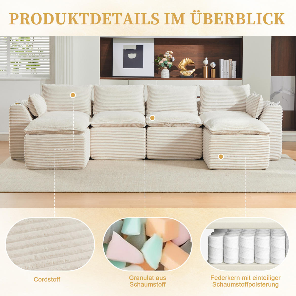 4-SITZER-SOFA aus Chenille, modular mit 2 Fußhockern und Getränkehaltern - Beige, Textil (322/75/161cm) - Urban Meuble