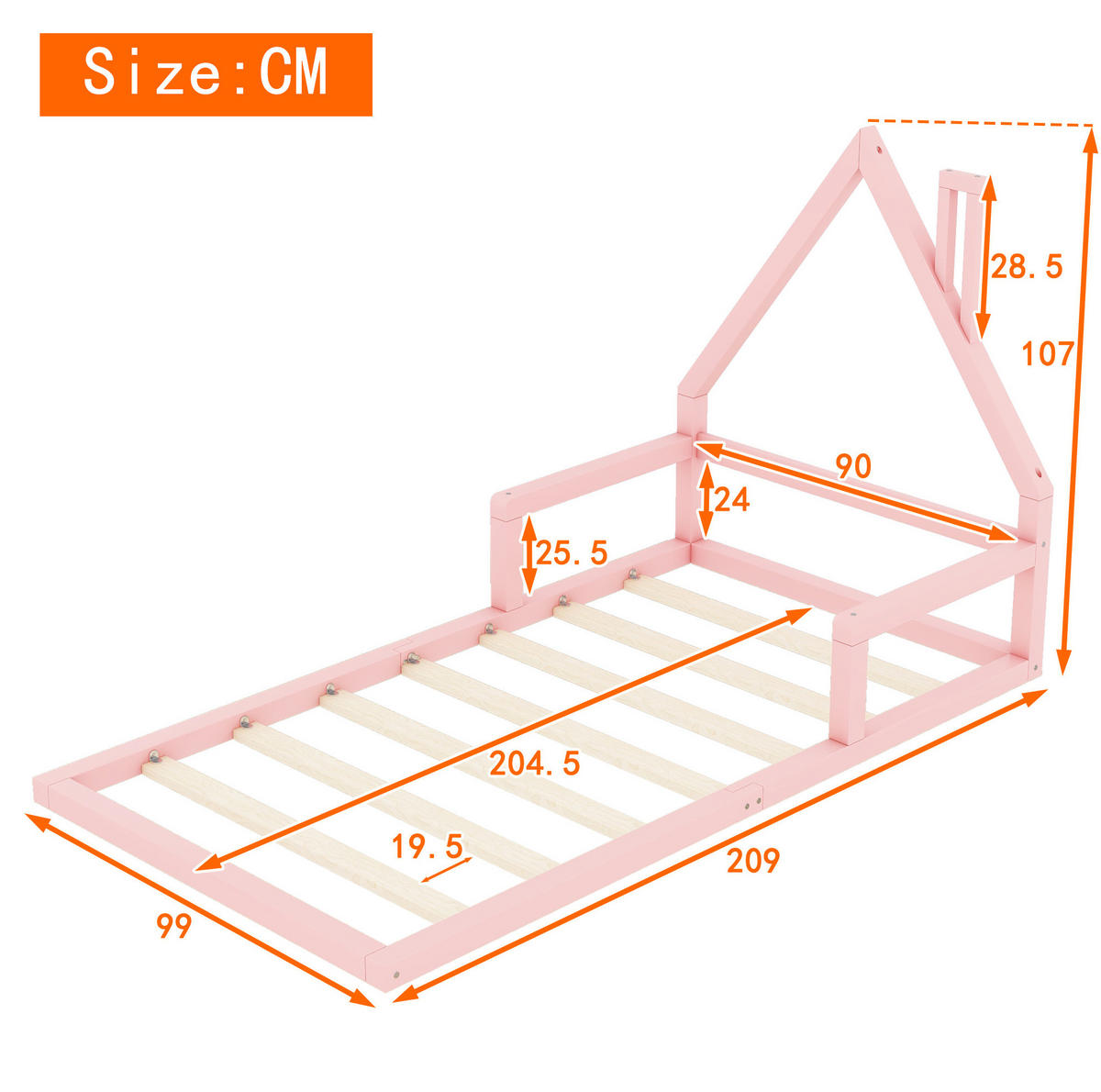 OTROŠKA postelja v obliki hiše 90/200 cm roza z nizkim okvirjem iz masivnega bora in MDF - roza, les (90/200cm) - OKWISH