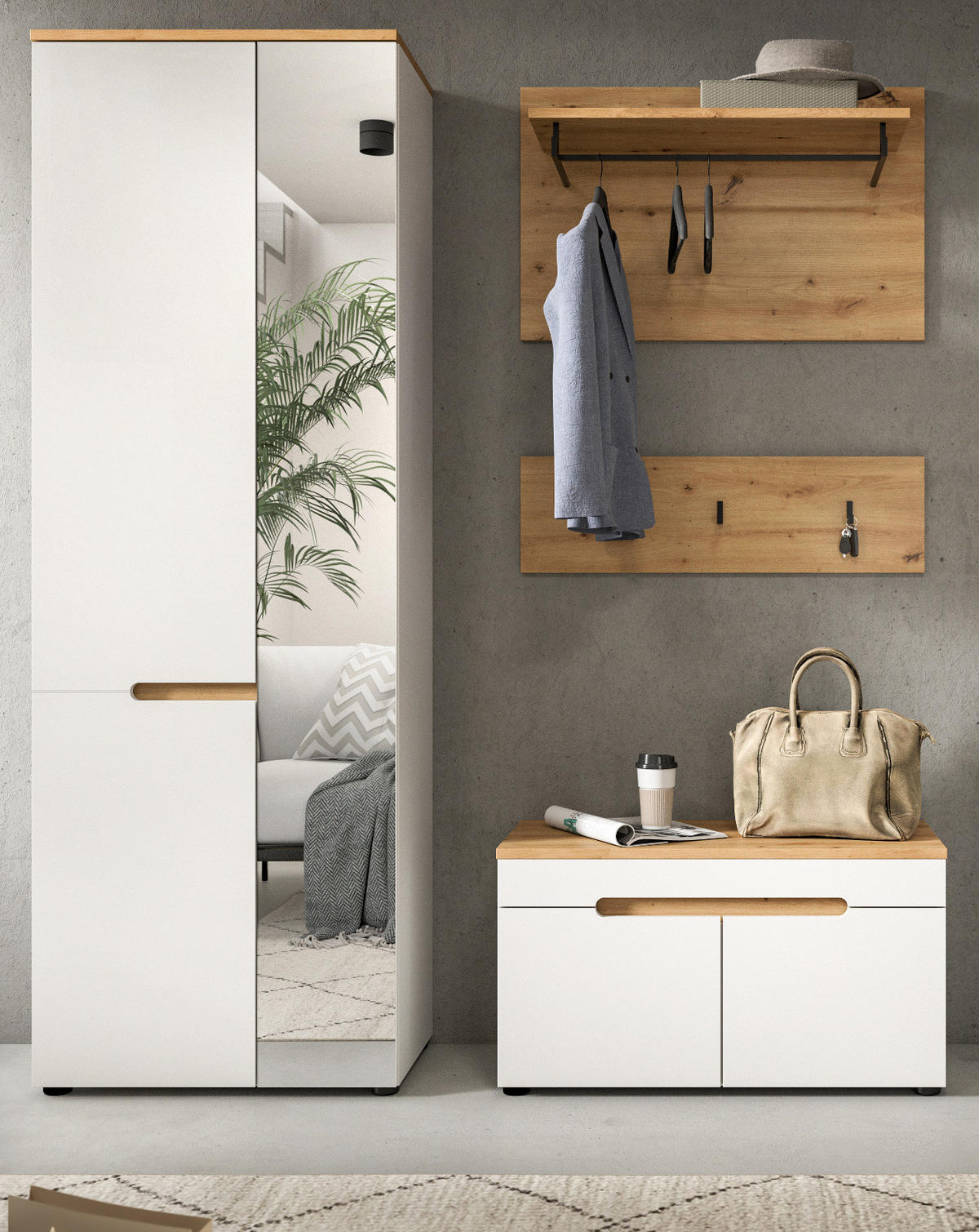 GARDEROBEN-SET weiß, Eiche Artisan 4-teilig 160 cm, Komplett-Set mit Soft-Close - Weiß, Glas/Holzwerkstoff (160/190/37cm) - Inn.Furn