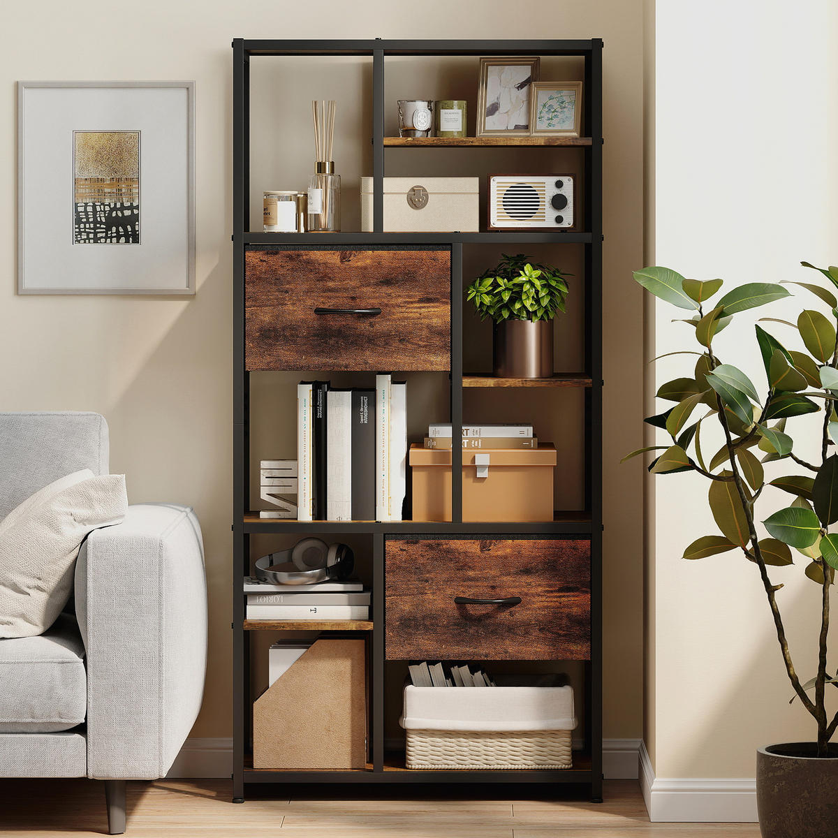 STANDREGAL mit 2 Stoffschubladen 9 offenen Fächern Braun - Dunkelbraun/Schwarz, Holzwerkstoff/Textil (30/150/72.5cm) - HOMCOM