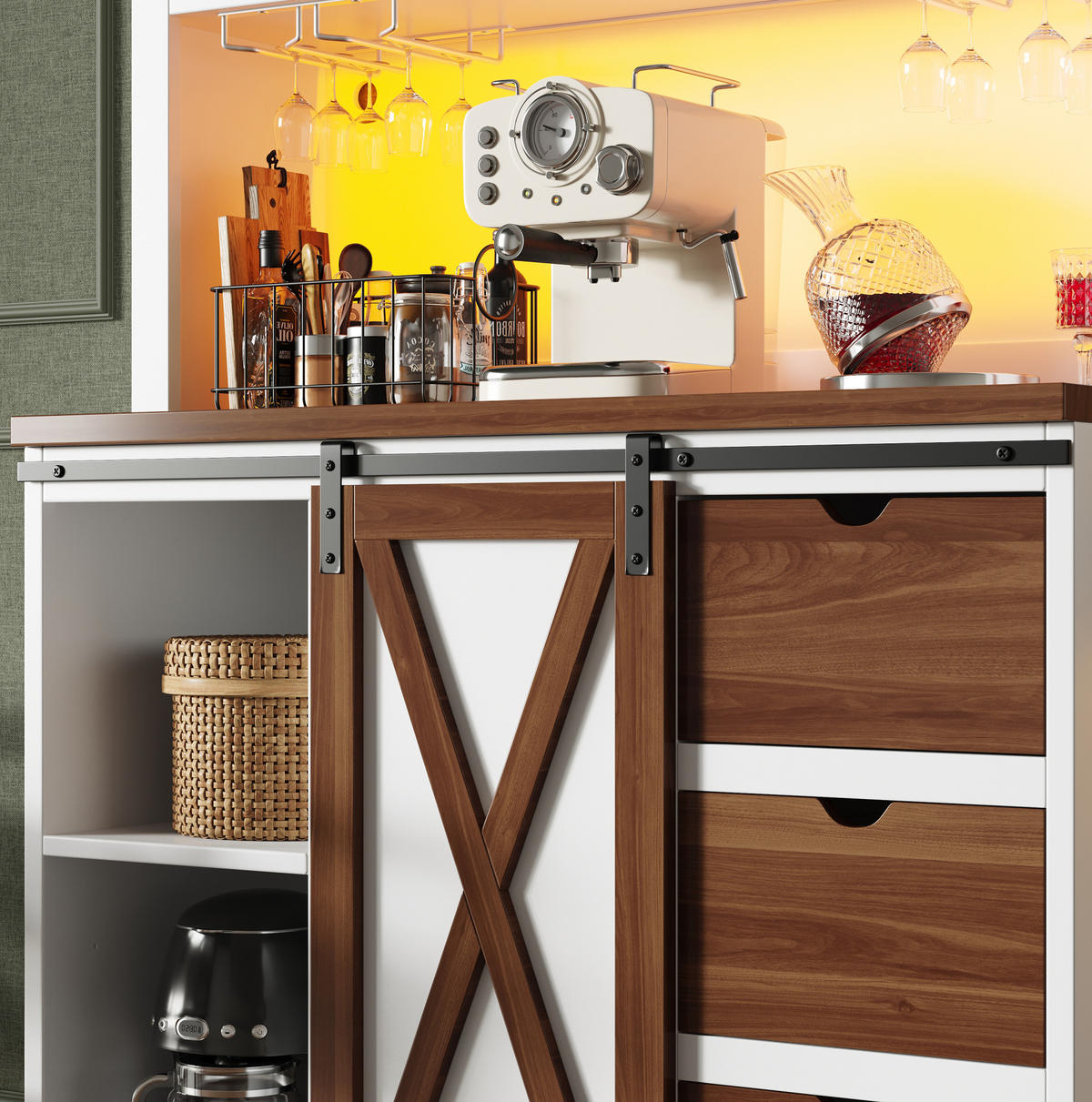 BUFFET 104/40/180 cm Weiß aus MDF, Glas und Metall mit LED - Weiß, Glas (104/180/40cm) - OKWISH