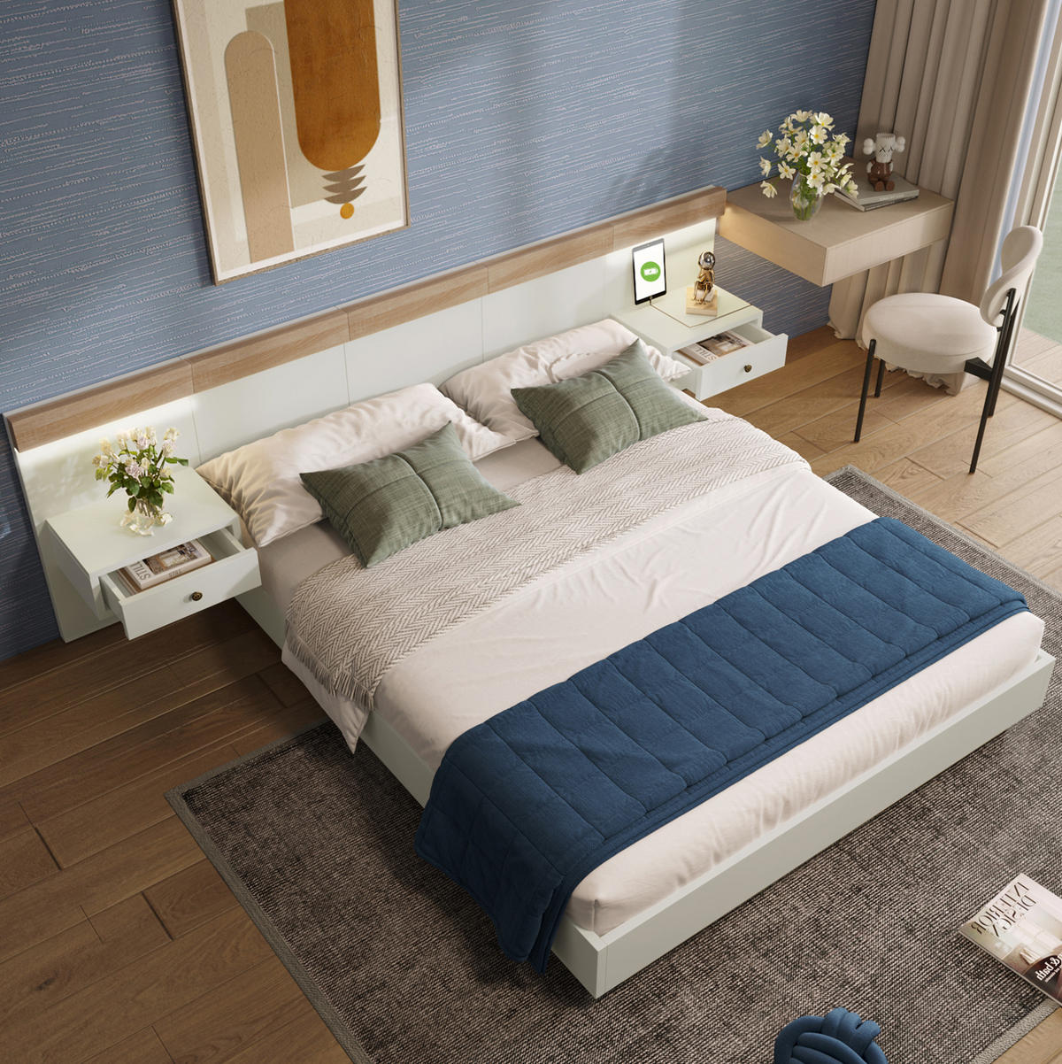 BETT 140/200 cm mit Kopfteil, 2 LED-Nachtkommoden & USB/Typ-C – Sonoma-Eiche/Weiß - Weiß, Holzwerkstoff (140/200cm) - BEAOK