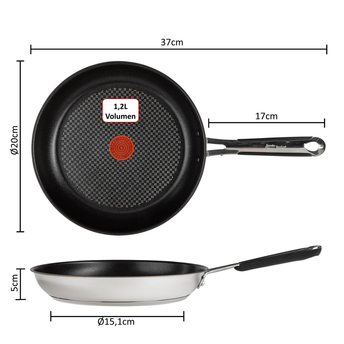 BRATPFANNE Bratpfanne Tefal E89700 Jamie Oliver 20 cm Antihaft Edelstahl, Induktion, Spülmaschinenfest 3-teiliges Set mit Pfannenschoner & Wender - Silberfarben, Metall - Tefal