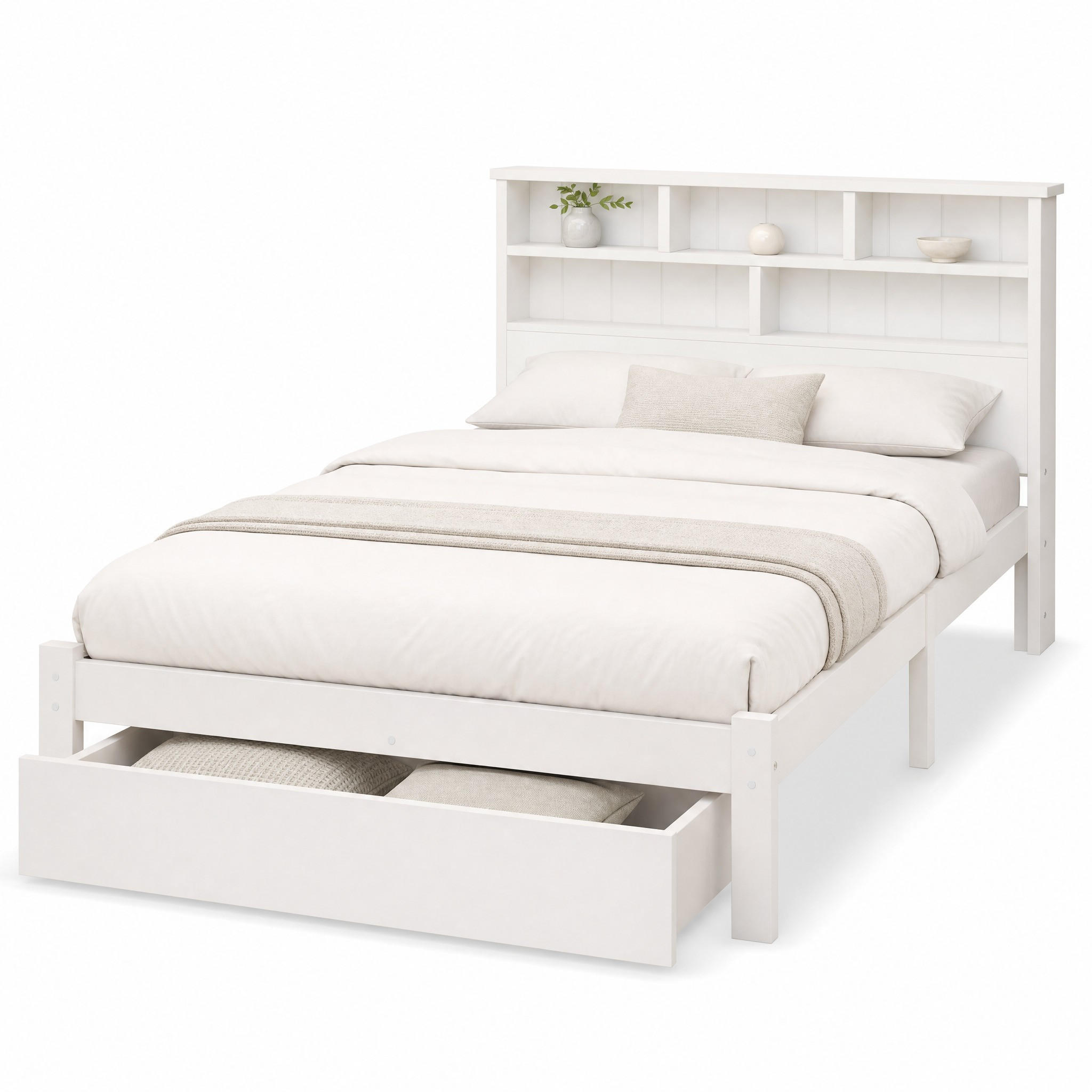 BETT 90/200 cm in Weiß mit Schubladen und Regal Bücherregal-Design - Beige/Weiß, Holzwerkstoff (90/200cm) - STILVORA