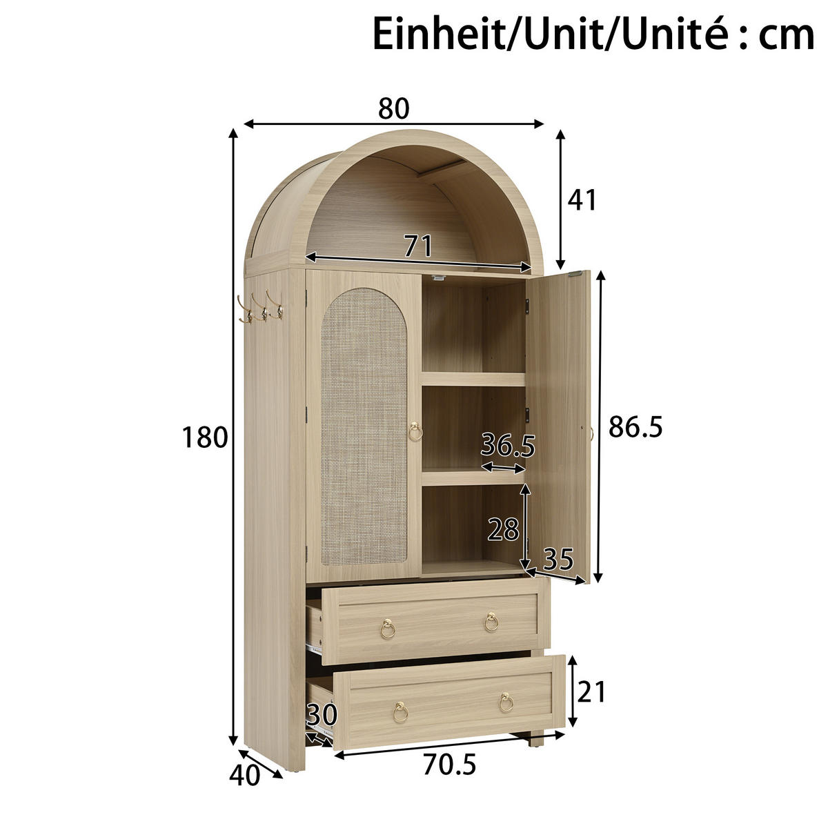 HIGHBOARD 80/180/40 cm Eichenholzfarbe aus MDF mit Rattantüren - Eichefarben, Holzwerkstoff (40/180/80cm) - OKMYHOME