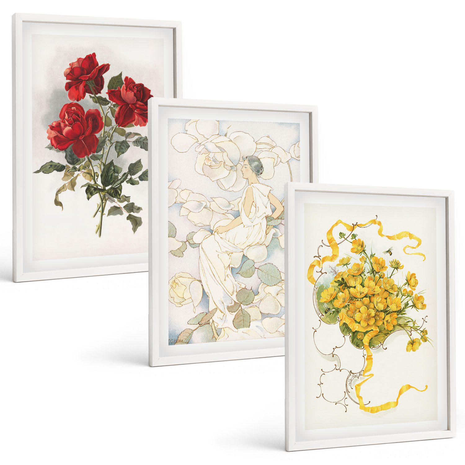 BILDER SET 3er Set - 40x60 cm Weißer Rahmen - Rosen rot-weiße Form - Weiß, Kunststoff (40/60cm) - TULUP