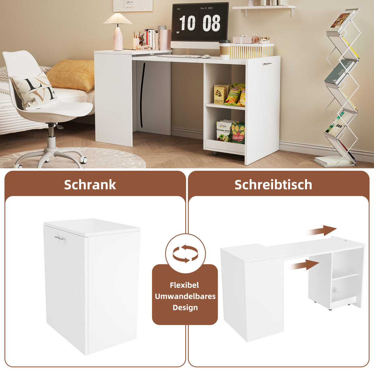 BÜROSCHREIBTISCH holzwerkstoff in weiß, 2-in-1 schrank-funktion & rollbar - Weiß, Holzwerkstoff (55/126/75cm) - Urban Meuble