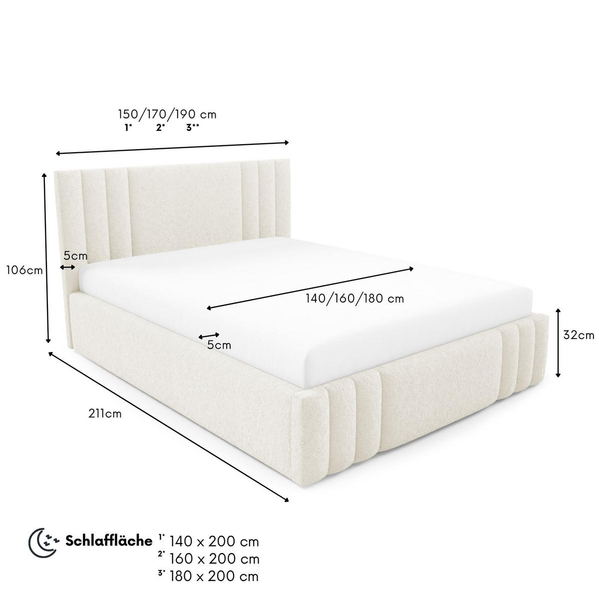 POLSTERBETT RIVIO Bettkasten Lattenrost 140x200 Creme - Creme, Holz (140/200cm) - Furnistar