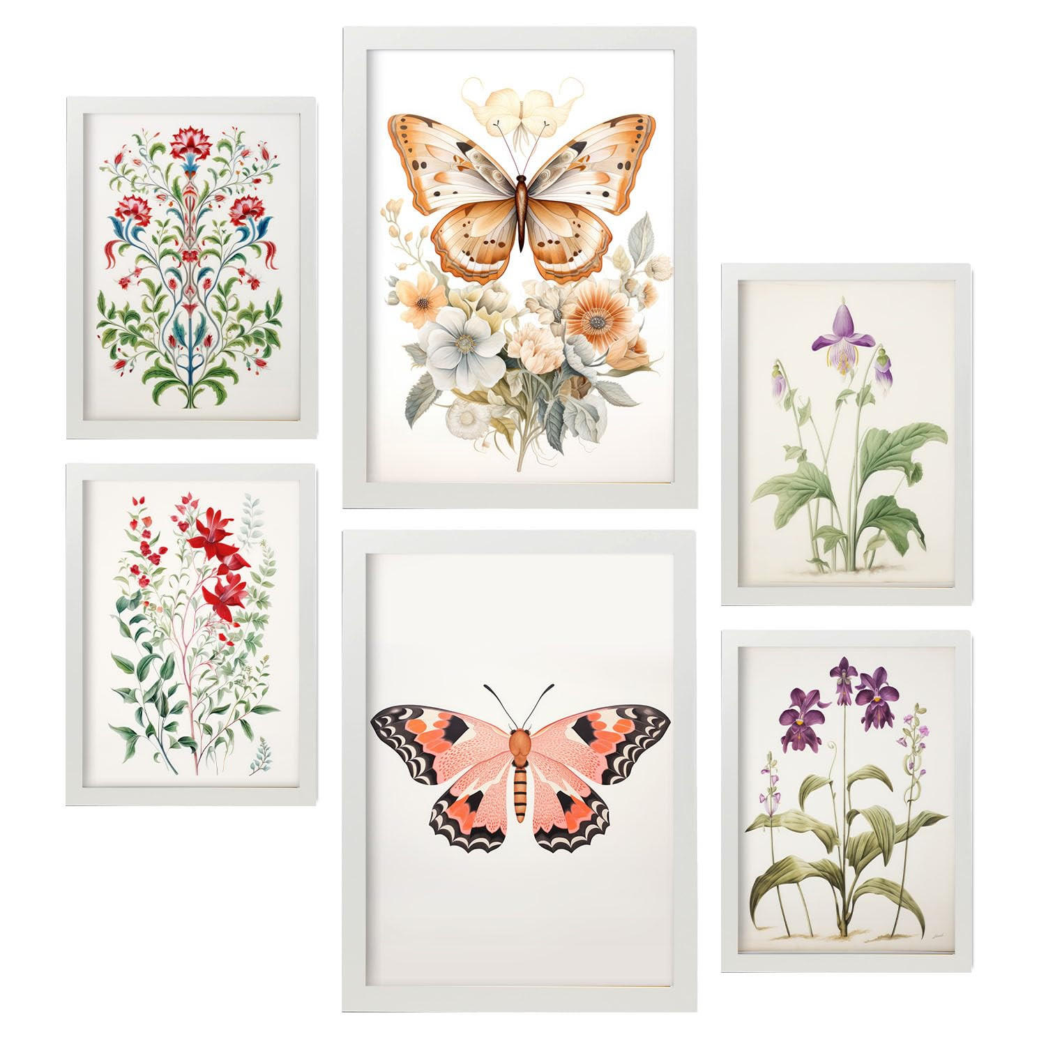 POSTER Set Mit 6 Blumen & Schmetterlinge A3 & A4 Weißer Rahmen - Weiß, Papier (29/3cm) - Nacnic