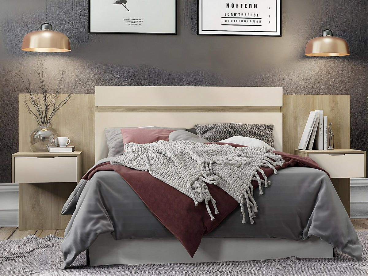 BETTKOPFTEIL ausziehbar mit integrierten Nachttischen - 140/160 cm - Naturfarben & Cremefarben - PARATI - Naturfarben, Holz (252/106/39.5cm) - Vente-Unique