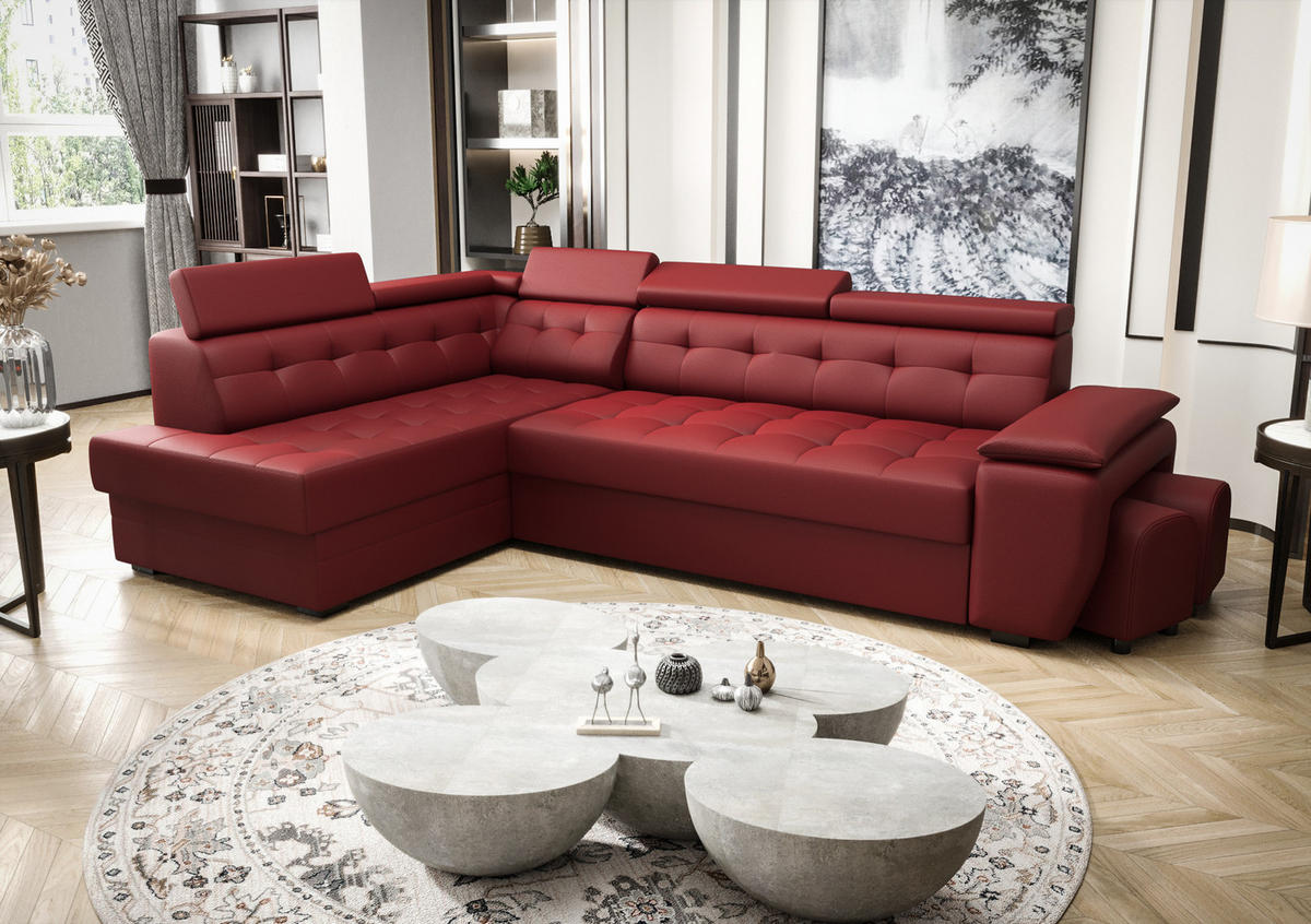 ECKSOFA KONGO RBN15, Eckcouch in L-Form mit Schlaffunktion, Farbe: Rot, Kunstleder, Ottomane Links - Rot, Textil (277/180cm) - O-Sofa