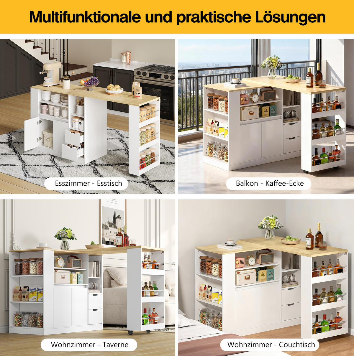 KÜCHENINSEL 115/50/92 cm mit dreh- und ausziehbarer Arbeitsplatte sowie viel Stauraum, Weiß/Natur - Weiß, Holzwerkstoff (115/92/50cm) - Redom