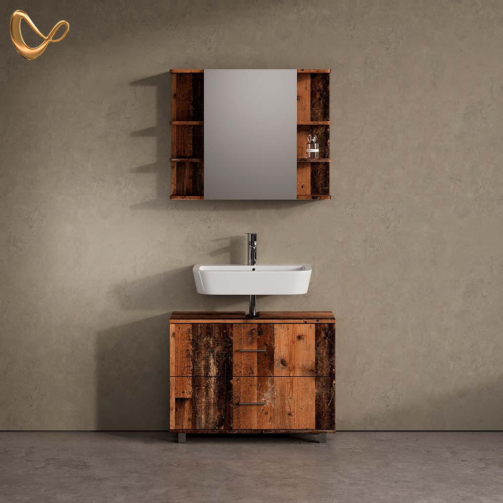 BADMÖBEL-SET Eisak Eiche rustikal 2 Teile, Unterschrank 80 cm - Wildeiche, Holzwerkstoff (80/60/33cm) - Livinity®