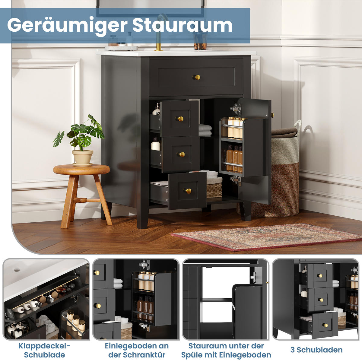 BADEZIMMERSCHRANK Schwarz Hochglanz 4 Schubladen Tür 61cm - Schwarz, Keramik (61/86/47cm) - FLIEKS