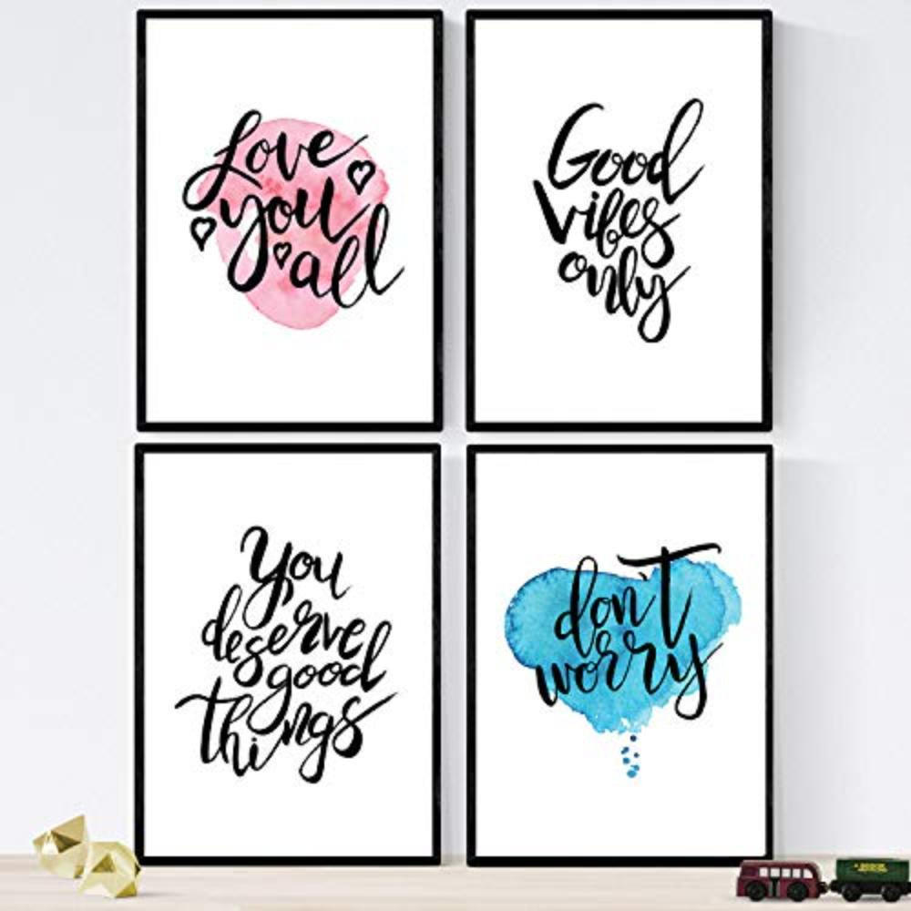 POSTER Set mit 4 glücklich und bunt ‚Gutes Leben‘ A4 Schwarzer Rahmen - Schwarz, Papier (29.7/3cm) - Nacnic