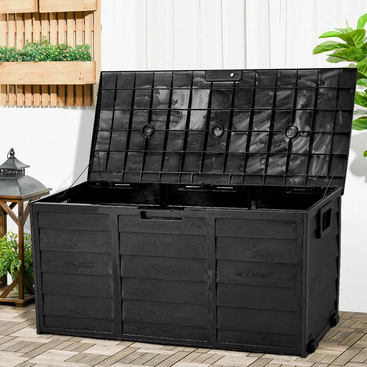 GARTENBOX 290L aus PP Kunststoff in Schwarz mit Rollen, Modell Robuste Konstruktio 112 cm B x 49 cm T x 54 cm H - Schwarz, Kunststoff (112/54/49cm) - Livingandhome