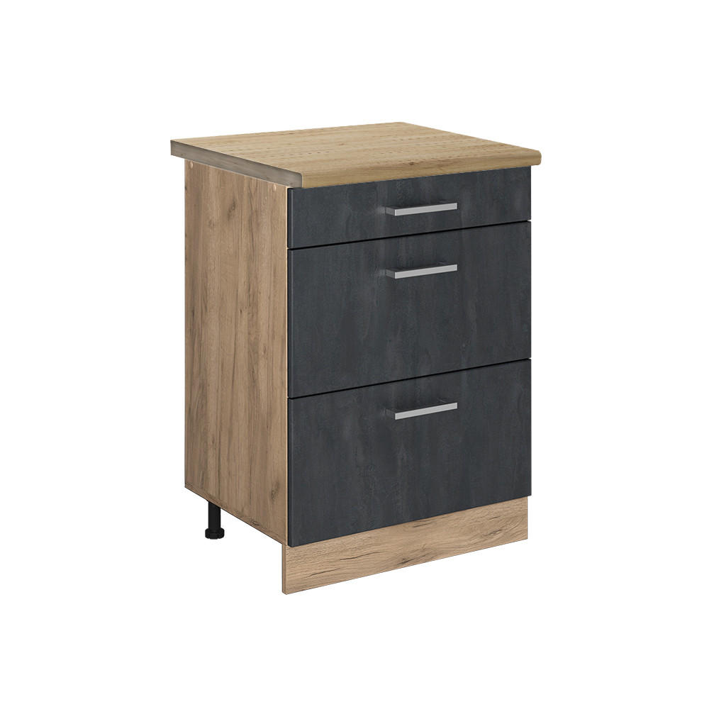 KÜCHENUNTERSCHRANK R-Line Schwarz Beton 60 cm AP Eiche - Eiche Wotan/Schwarz, Holzwerkstoff (60/81.6/60cm) - Vicco