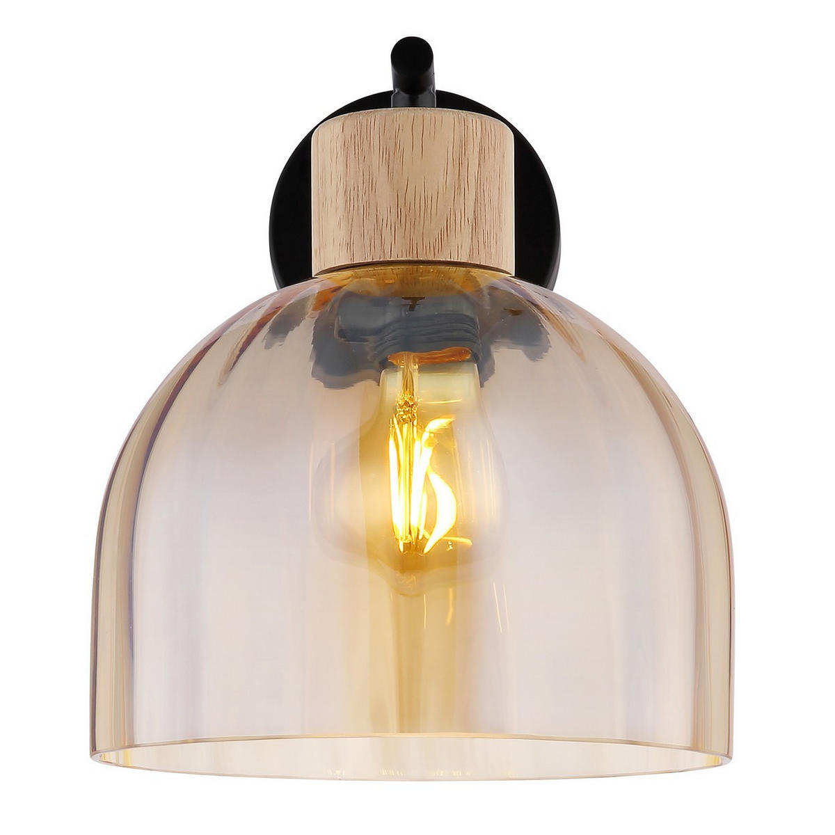 WANDLEUCHTE SWANSON, Metall, Schwarz matt, Glas amber - Schwarz, Holz (23.5/20/24cm) - Globo Lighting