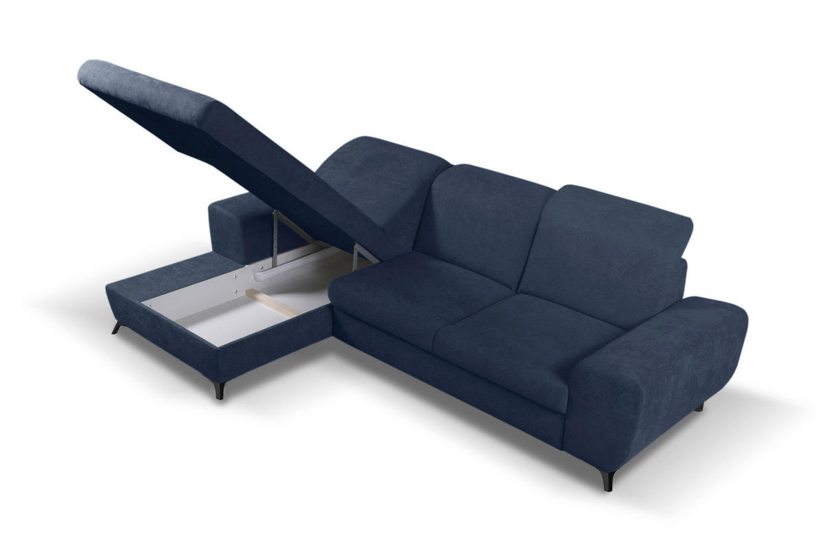 ECKSOFA LUCE L-S Blau Plüsch-Stoff mit Schlaffunktion - Blau, Holz (279/172cm) - MASSENO