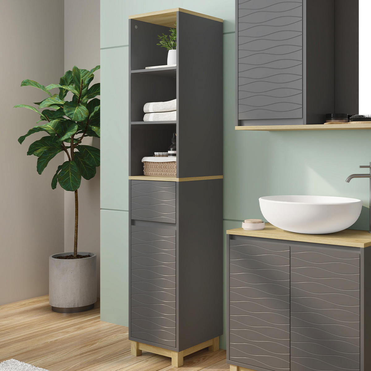 BADEZIMMERMÖBEL Livia Anthrazit 30 x 151.5 cm mit Schublade - Anthrazit/Naturfarben, Holzwerkstoff (30/151/30cm) - Vicco