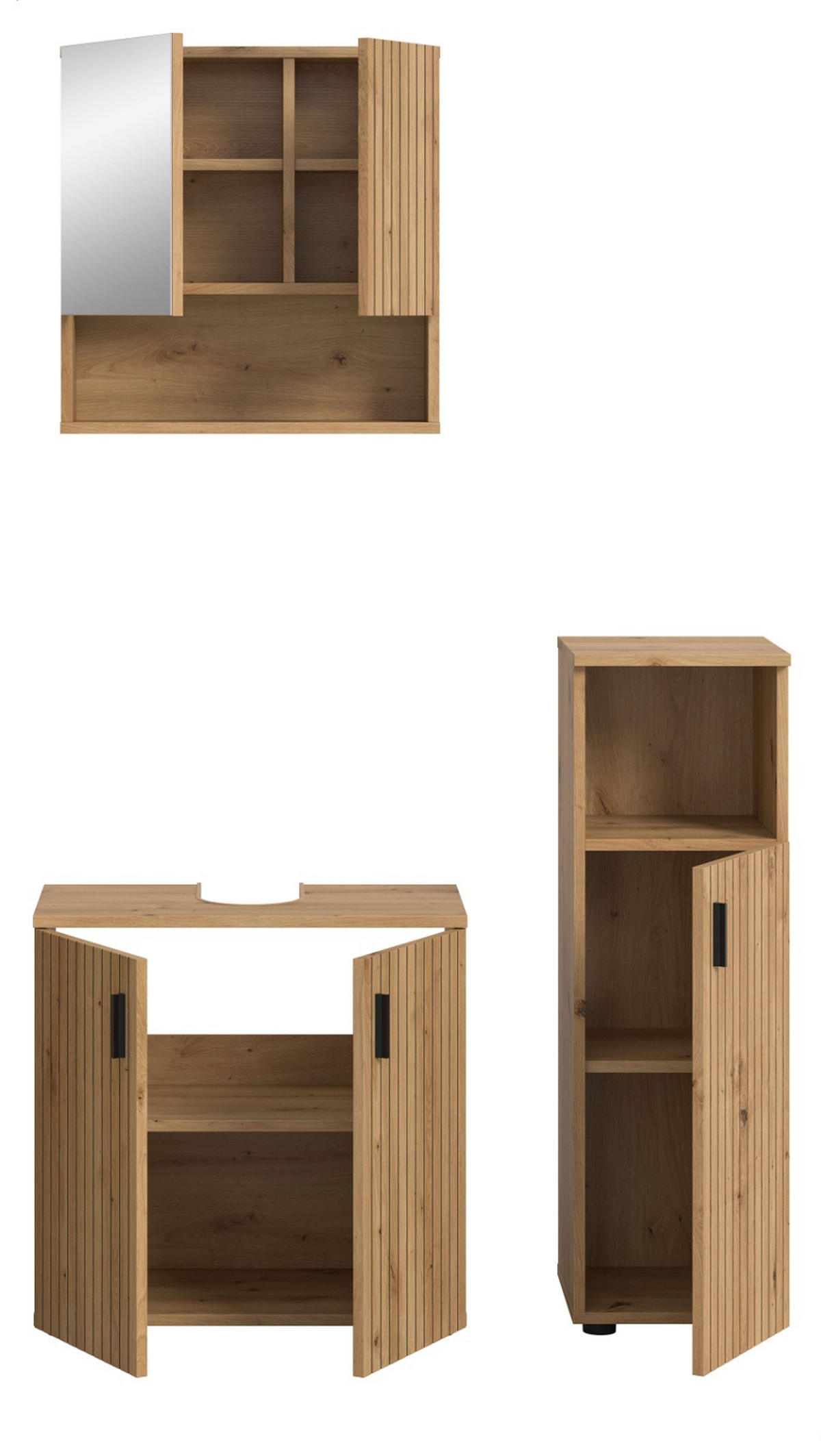 BADMÖBEL-SET Eiche Artisan 3-teilig 105 cm, Badkombination mit Rillen - Schwarz/Eiche Artisan, Glas/Holzwerkstoff (105/180/30cm) - Inn.Furn